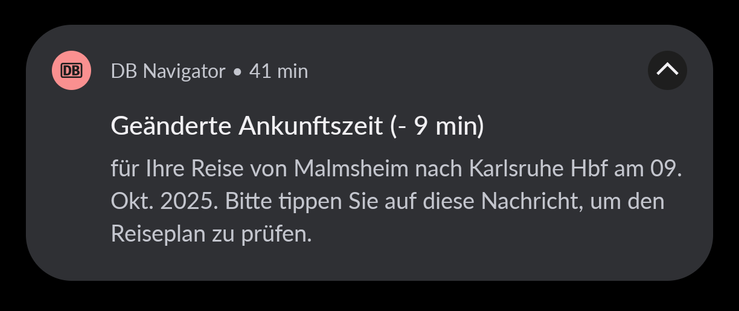 DB Navigator Benachrichtigung, dass mein Zug morgen 9 Minuten früher ankommt als ursprünglich geplant