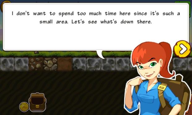 A cartoon portrait of a smiling white woman with a red ponytail and green eyes. She is wearing a blue shirt with rolled-up sleeves and a large canvas backpack. In a speech bubble, she says, “I don’t want to spend too much time here since it’s such a small area. Let’s see what’s down there.” Behind her, you can see a level with a grassy surface, stone blocks underneath it, and a small amount of dirt blocks containing varying amounts of rocks.