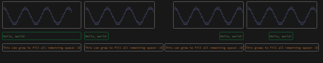 A terminal displaying some frames with text and graphics formed from Braille dots. The same pattern of three frames is repeated four times horizontally. Each with a different alignment of the frames. On the first one all frames match the size of the largest one, on the second they are left-aligned, right-aligned on the third and on the fourth each frame is centered.