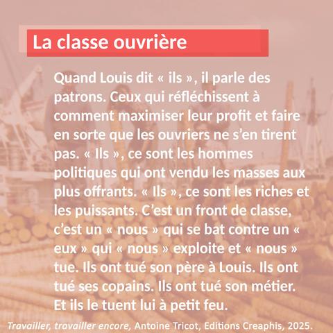Carton avec un extrait du livre d'Antoine Tricot "Travailler, travailler encore" : "Quand Louis dit « ils », il parle des patrons. Ceux qui réfléchissent à comment maximiser leur profit et faire en sorte que les ouvriers ne s’en tirent pas. « Ils », ce sont les hommes politiques qui ont vendu les masses aux plus offrants. « Ils », ce sont les riches et les puissants. C’est un front de classe, c’est un « nous » qui se bat contre un « eux » qui « nous » exploite et « nous » tue. Ils ont tué son père à Louis. Ils ont tué ses copains. Ils ont tué son métier. Et ils le tuent lui à petit feu."