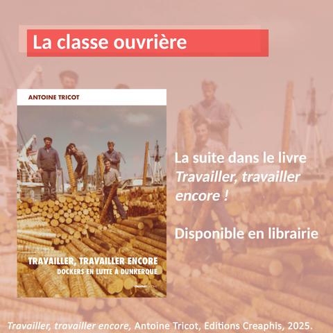 Carton avec la couverture du livre d'Antoine Tricot "Travailler, travailler encore". La couverture montre une photo des années 1970 sur laquelle 4 dockers en bleu de travaille décharge des piles de rondins de bois. Derrière eux on aperçoit les grues et les bateaux du port de Dunkerque. Il a paru aux éditions Créaphis. Sur le carton figure également la mention suivante : "La suite est à lire dans le livre "Travailler, travailler encore" désormais en librairie partout"