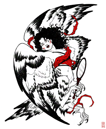 Ilustración representando a una arpía de alas de halcón y abundante cabello negro y rizado, que sostiene un espejo en una de sus garras mientras nos mira gozosa, orgullosa, desmesurada y libre. Telas rojas se entrelazan alrededor de su cuerpo y las alas. La ilustración tiene un estilo de dibujo a tinta, con el rojo como único color de acento.
—
Illustration depicting a harpy with falcon wings and curly black hair, holding a mirror in one of her claws while looking at us joyfully, proud, excessive, and free.