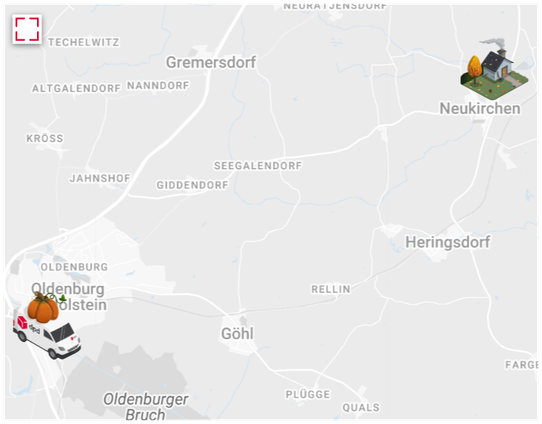 Auf der Karte ist ein Abschnitt von Schleswig-Holstein zu sehen, mit den Orten Oldenburg in Holstein, Göhl, Neukirchen, Heringsdorf und Gremersdorf.

In der linken unteren Bildhälfte, bei Oldenburg in Holstein, fährt ein Lieferwagen mit dem DPD-Logo und einem Kürbis auf dem Dach.
In der rechten oberen Ecke, bei Neukirchen, steht ein kleines Haus mit Schornsteinrauch und herbstlich gefärbten Bäumen.

Die Karte zeigt eine Lieferstrecke: Der DPD-Wagen scheint auf dem Weg vom südwestlichen Oldenburg in Holstein nach nordöstlich gelegenen Neukirchen zu sein.