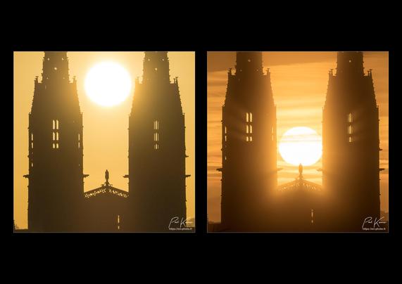 Diptyque sur fond noir de 2 photographies de format carré, présentant en contre-jour le passage du soleil, entre les tours d'une cathédrale, quelques minutes après son lever. Le soleil est au-dessus d'une statue équestre installée en haut de la façade de la cathédrale, juste au milieu, entre les tours. 
On distingue donc les silhouettes des tours avec leurs clochetons, leurs gargouilles, leurs ouvertures .
Sur la première photo, le soleil est sensiblement plus haut que sur la seconde photo bien qu'il y ait moins de 48 heures entre ces deux clichés mais le soleil s'est levé 1° plus au sud pour la seconde photo.