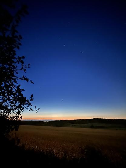 A clear night sky with stars visible overhead. In front of me, I see dark shadowy hills against the sky that’s just beginning to brighten in a bit of pink. There’s long visibility today, I can see the lights of Alliston over the hills and Highway 89 traffic coming west beyond. The shrubbery area ahead of me is all pretty dark and shadowy.