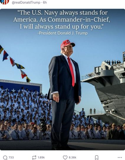 The screenshot shows a post of the lying piece of shit that he shared on his antisocial medium. DementiaDon is standing in front of Navy soldiers in his typical,very poor posture and secreting his usual platitudes.
It reads: "'The US-Navy always stands for America [hear, hear].  As Commander-in-Chief, I will always stand up for you.' [Narrator: No, he  doesn't. He is incapable of thinking about anyone other than himself.]
-President Donald J. Trump"