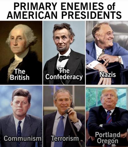 Bildbeschreibung (Deutsch):
Das satirische Bild zeigt sechs US-Präsidenten und ihre jeweiligen „Hauptfeinde" in der Geschichte:
George Washington kämpfte gegen die Briten, Abraham Lincoln gegen die Konföderation, Franklin
D. Roosevelt gegen die Nazis, John F. Kennedy gegen den Kommunismus, George W. Bush gegen den Terrorismus - und Donald Trump, ironisch zugespitzt, gegen die eigene Bevölkerung, symbolisiert durch „Portland, Oregon". Die Collage verdeutlicht, wie sich die Definition von „Feind" im Lauf der Geschichte verschoben hat: vom äußeren Gegner hin zur inneren Spaltung einer Gesellschaft.
Sie zeigt, dass Systeme, die den äußeren Feind besiegen, am inneren oft zerbrechen - ein Spiegel unserer Zeit und ein Echo im Resonanzfeld von Macht, Bewusstsein und Schwingung.🖖