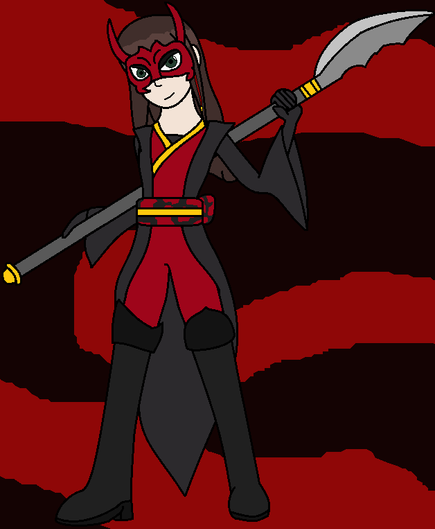 MS Paint drawing of Togo Hifumi from Persona 5 as a Phantom Thief. Her mask is a red horned oni covering the top of her face, black eye shadow on her half closed eyes, her signature hair decoration visible. Her outfit is a red and gold body suit with the top half looking like a kimono/yukata type, with a black top under it, black boots that reach her mid thigh with larger sort of protectors on the top, a loose traditional jacket with only one coat-tail, with sharp shoulders and loose sleeves, black long gloves. Around her waist is a red and black obi with a gold ribbon around it, holding the suit and jacket snug. In her hands, Hifumi is holding a naginata, black and gold, with a silvery blade at the top.
Background is  a wavy black and red.