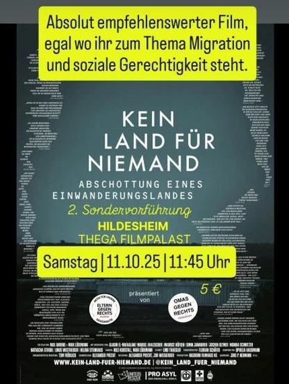 Das Filmplakat von "Kein Land für niemand" mit in gelber Farbe hervorgehobenen Ergänzungen zur Zusatzvorstellung am 11.10.25 um 11:45 im Hildesheimer Thega-Kino.