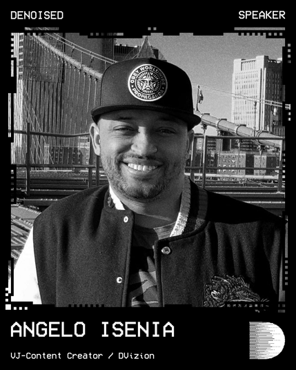 A portrait of Angelo Isenia, announcing them as a speaker for the DENOISED digital art community conference on November 29, 2025 in Antwerpen, Belgium.