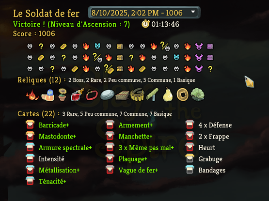 Screenshot de compte rendu de partie sur le jeu SlayTheSpire.
Il présente, en autres, les reliques et les cartes utilisées au cours du jeu.