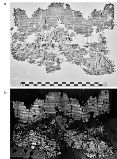 Frammento di papiro carbonizzato proveniente dalla Villa dei Papiri di Ercolano, visibile in due immagini con dettagli di testo e superficie danneggiata.