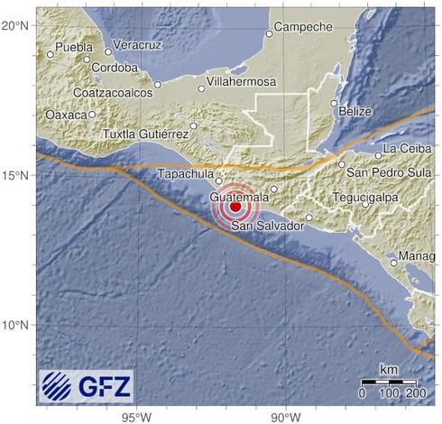 Map showing the earthquake of 2025-10-08 in Guatemala