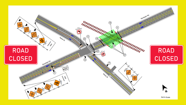 map of the closed area and road closed signs