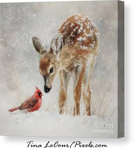 This is a canvas of a sweet fawn and northern cardinal having an encounter during a winter snowfall.