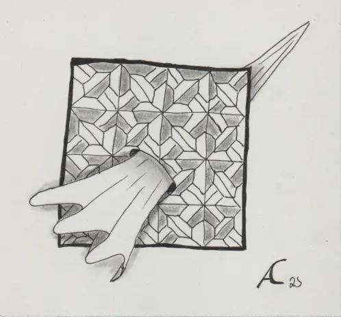 Black and white Zentangle drawing of a square with a grid pattern that seems to be pierced with a soft wavy object