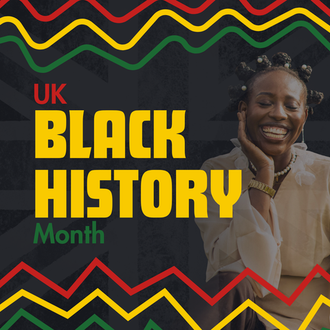 A graphic reading UK Black History Month, showing a black woman smiling beside the text.