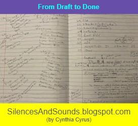 A messy opening in a handwritten notebook with lists and numbers on the left and other lists and notes and more numbers on the right. Blog title: "From Draft to Done."