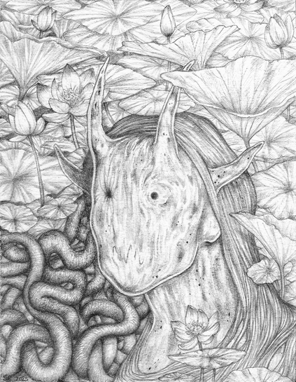 Dessin au critérium format paysage. Il représente une tête doublement cornue, à la surface insaisissable et changeante, sous une peau transparente. La tête est couverte d'une sorte de capuche de filaments. À sa gauche, un amoncellement d'un genre de ver serpentaire. Derrière, une multitudes de feuilles et de fleurs de lotus.
