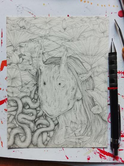 Photo du dessin avec un critérium posé à côté pour avoir l'échelle. Le dessin est posé sur un espace de travail où on aperçoit des tâches de peinture rouges.