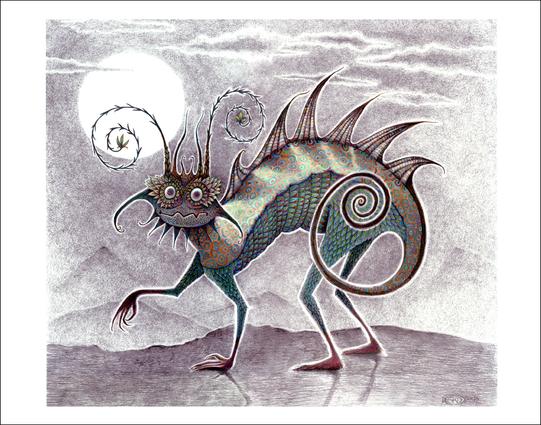 A startled looking creature stares with alarm at the viewer, frozen in place. Drawn in pencil with purple, green and bits of other colors. Behind its head, a white circle of moon.