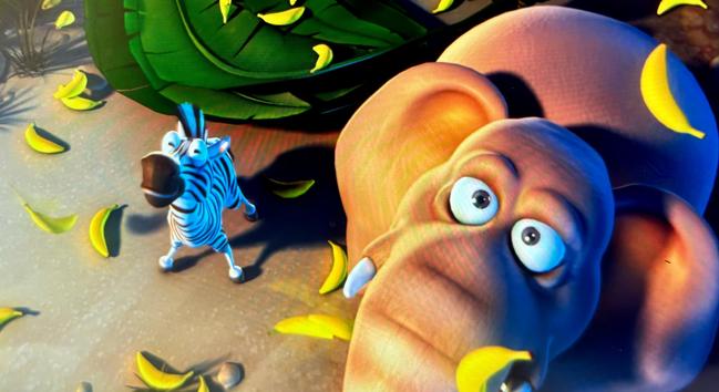 A stylized elephant and a zebra are standing on sandy ground surrounded by scattered yellow bananas. The elephant is looking up with wide eyes and holding a banana in its trunk. Large green jungle leaves are visible behind them.