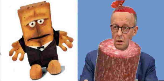 Links ist Bernd das Brot von KiKa, rechts Wurstkanzler Merz von CDU