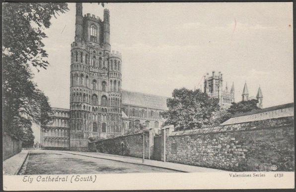 Printed monochrome postcard showing a view of Ely Cathedral in Cambridgeshire.

Published by Valentine & Sons Ltd, Dundee & London, Valentine's Series, No 4132, photo registered in 1884, c.1905.

Postally unused, but with message.

Very good condition, with very slight corner bumps.