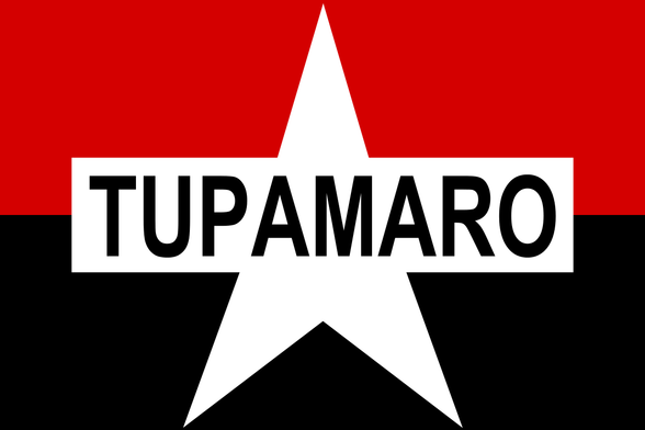 Flag with the word “Tupamaro” inside a white star, against a red and black background. By Dilectus, Public Domain, https://commons.wikimedia.org/w/index.php?curid=23292286