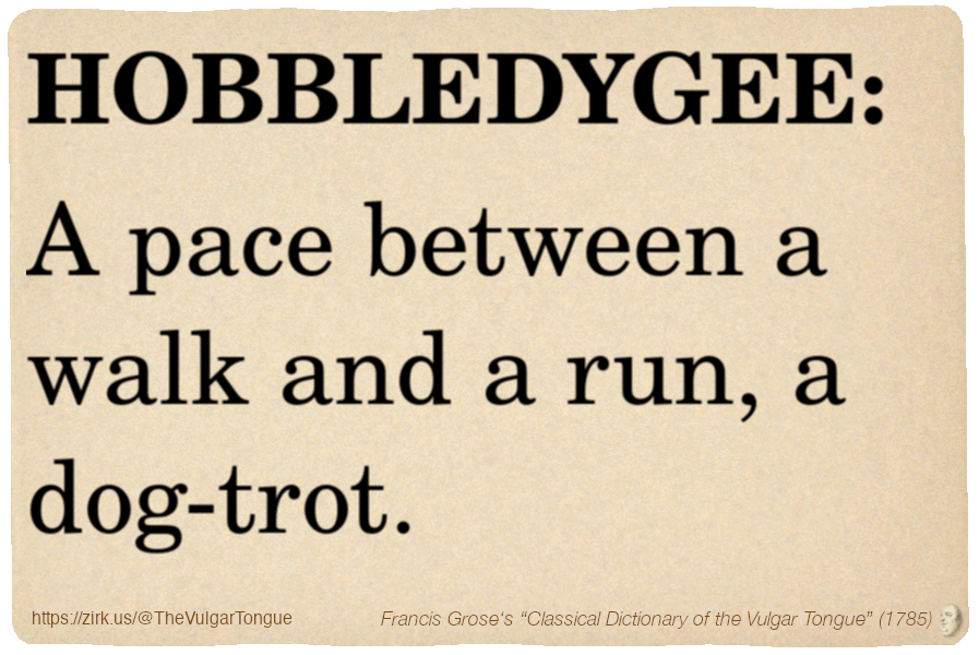 Image imitating a page from an old document, text (as in main toot):

HOBBLEDYGEE. A pace between a walk and a run, a dog-trot.

A selection from Francis Grose’s “Dictionary Of The Vulgar Tongue” (1785)