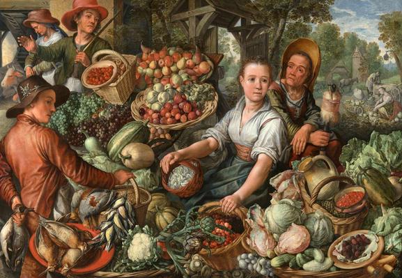 A woman in the foreground is handling some produce while another looks out towards the viewer, and several other figures are busy in the background with their market activities.