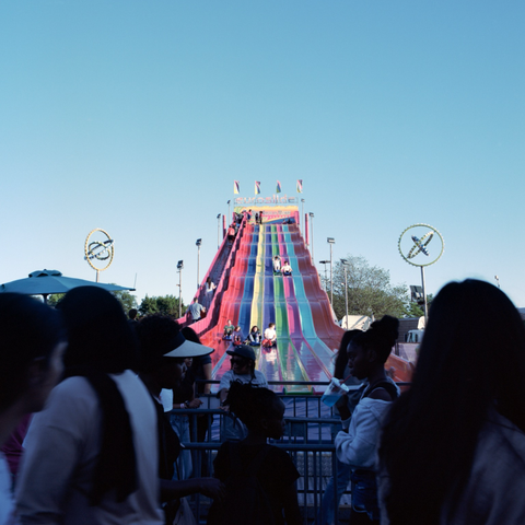 The view from the side, looking up, of The Euroslide, a rainbow of slide courses.
