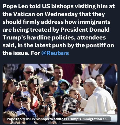 A crowd gathers at the Vatican as Pope Leo interacts with a baby held by a man. Attendees capture the moment with their phones. The scene emphasizes the Pope's engagement with visitors during a discussion about immigration policies.