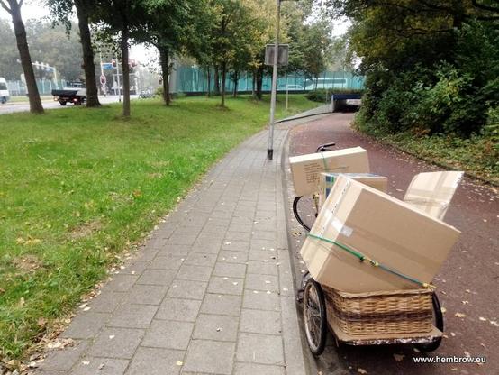 Photo shows a bike pulling a bike trailer full of parcels of bicycle parts, parked on (the wrong side of) a 4 m wide Dutch cycle-path heading into a tunnel. There's a road on the left going in the same direction but drivers have to stop at traffic lights. For cyclists there is no traffic light.

Note that for pedestrians there are two 2 m wide paths. One is next to the road and not visible in this photo. The other is next to the cycle-path in the photo above. You can also see some of the lighting for the cycle-path. It's well light at night, enhancing social safety.