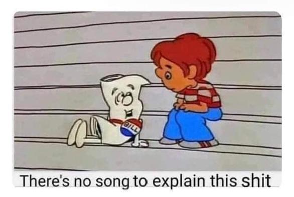 A scene from Schoolhouse Rocks featuring a cartoon character resembling a young boy in a striped shirt, sitting next to a cartoon character depicted as a bill. The bill appears distressed, while the boy looks at it. The caption reads, "There's no song to explain this shit.”