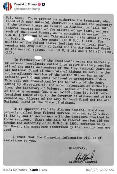 A document featuring legal text concerning the authority of the President of the United States over the National Guard. It references U.S. Code, military service, and an order from the Secretary of Defense regarding the Alabama National Guard. The document is signed by the…