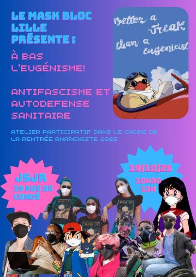 Affiche violette et rose avec un collage de plein de gens et personnages (Sacha de Pokémon et qqn qui ressemble a sailor moon mais en brune) en bas, une affiche avec porco rosso masqué et le texte "better a freak than an eugenist" et du texte avec des typo numériques qui reprennent les infos du post