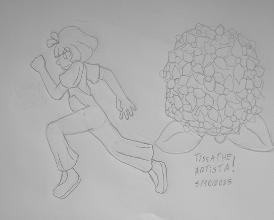 Sketch em papel de uma garota correndo de perfil para a esquerda e uma flor de hidrangeia do seu tamanho a direita.

A garota tem cabelos curtos na altura do ombro que estão levemente esvoaçados por causa do movimento e ela está usando uma camisa com macacão. Ela mostra um sorriso confiante.

Tissa The Artista! 07/10/2025