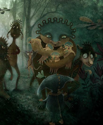 A strange crowd of monsters gather curiously around a small blue monster. They stare at it, with concern bordering on fear.  A conversation is taking place about where they are going and why.