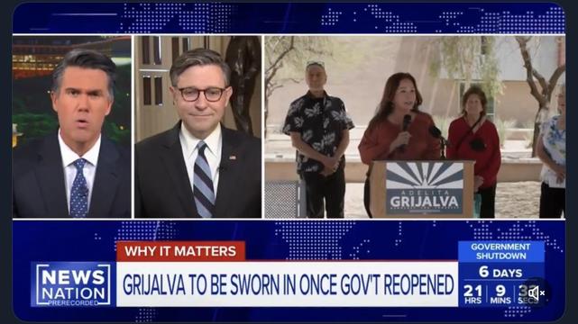 A news segment showing a host & Jonson, one looking surprised, and a third scene featuring female and male speakers at a podium labeled "Adelita Grijalva." The context addresses Grijalva's swearing-in and a government shutdown countdown.