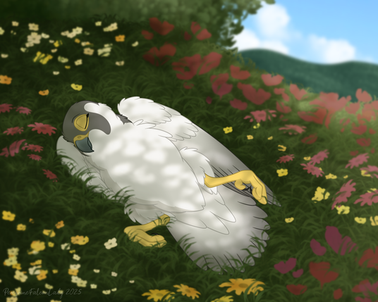 My sona, Samantha (peregeine falcon) lying on a her back with her head resting in the "hand" of her right wing on a grassy slope in the shade, surrounded by flowers and lush greenery, with a small view of the mountains in the distance in the upper right corner. Lyrics in the caption are from the song "Daydream" by Wallace Collection, which was the inspiration behind this illustration.