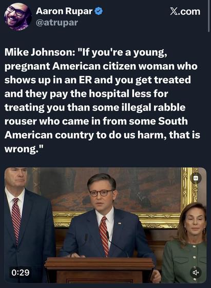A social media post features a quote from Mike Johnson discussing healthcare treatment disparities between American citizens and undocumented immigrants. In the image, Johnson speaks at a podium, flanked by two other individuals. The background includes a decorative frame with artwork.