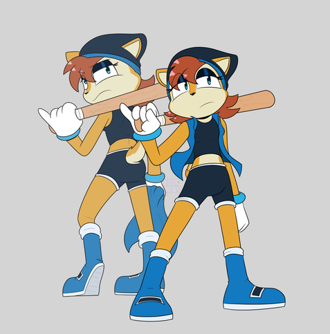 Two views of Sally acorn holding a bat, one facing the viewer slightly tilting her head, and the other from the back, staring back while holding her jacket. Both of them are wearing beanies.