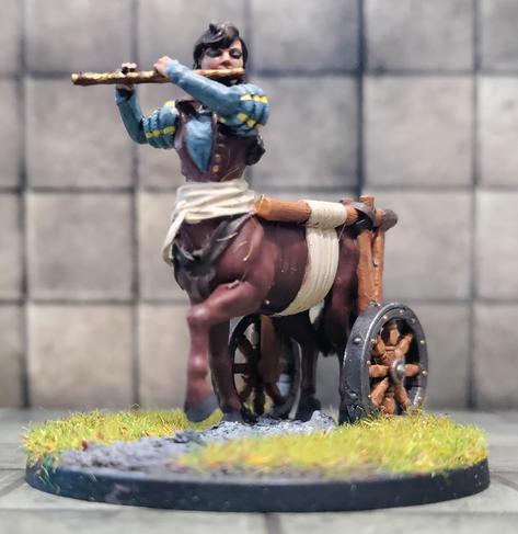 Centaur female playing a flute with a walking assist