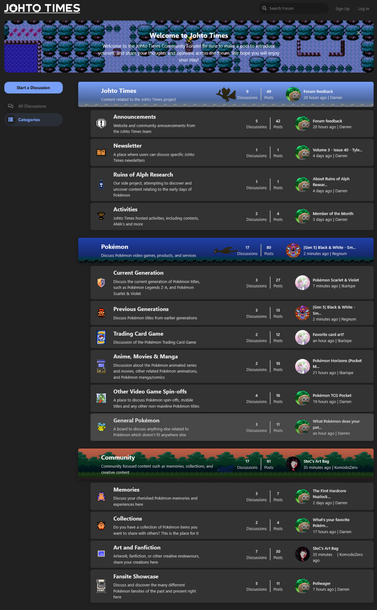 A screenshot of the Johto Times forum, with lots of different sections to post in.

The Johto Times category mostly covers our newsletter content and relevant community announcements, while the Pokémon board covers pretty much everything about the series.

The community forum is a place where you can share your memories of the series, your collections, your creative side, and check out the different Pokémon fan communities both online and defunct.