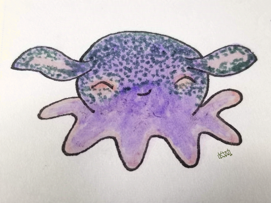 Ink doodle of a Dumbo Octopus, which has large flaps like ears and short, webbed tentacles. It is purple-pink with a grey-spotted head.