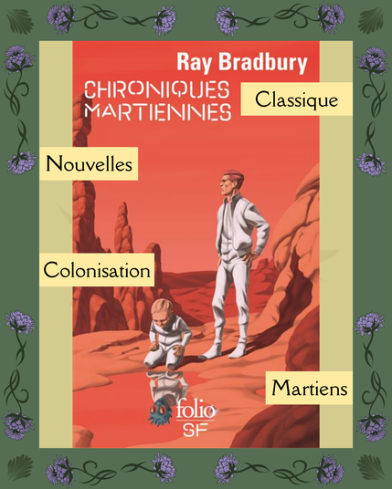Couverture du recueil "Les Chroniques Martiennes". Un homme et un enfant se tiennent dans un décor rouge, martien. L'enfant est penché sur une flaque d'eau qui lui renvoie un reflet différent : celui d'un enfant martien.
Des étiquettes précisent "Classique", "Nouvelles", "Colonisation", "Martiens".