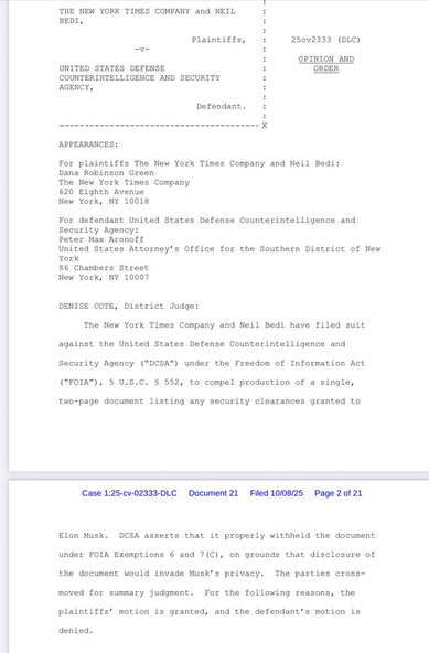 Document detailing a court case involving The New York Times Company and Neil Bedi against the United States Defense Counterintelligence and Security Agency. It includes legal opinions and orders related to a Freedom of Information Act request about security clearances.