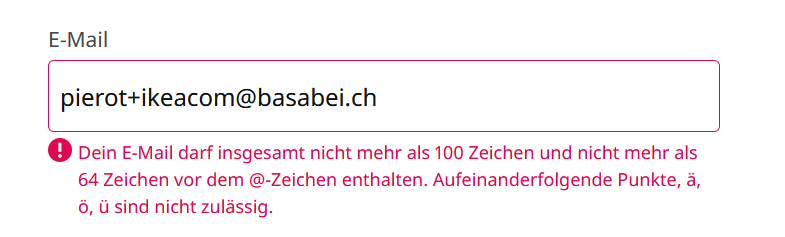 Picture of a Ikea form which does not allow plus-adressing as email address