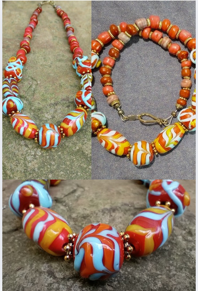 Collage of 3 images of a handmade lampwork glass bead necklace in shades of red, orange and blue.